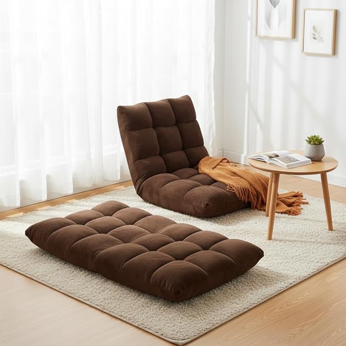S AFSTAR Cushioned Floor Chair 14-Position Adjustable Padded Lazy Recliner with Comfortable Back Support and Skin-Friendly Cover Great for Reading Playing Game Meditating (Dark Coffee)
