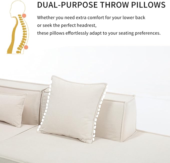 129.5'' Towelling Fabric L-Shaped Modular Sectional Sofa Tofu Block Floor Sofa with 3 Pillows for Living Room (Beige Left-Hand Facing)