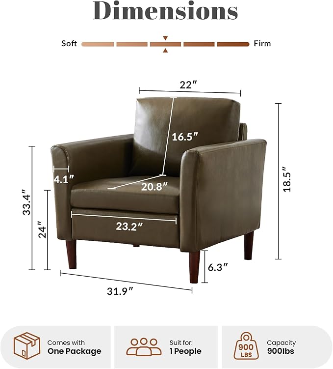 Kingfun Mid-Century Accent Chairs PU Leather Modern Upholstered Living Room Chair Cozy Armchair with Rolled Arms and Deep Seats Olive Green