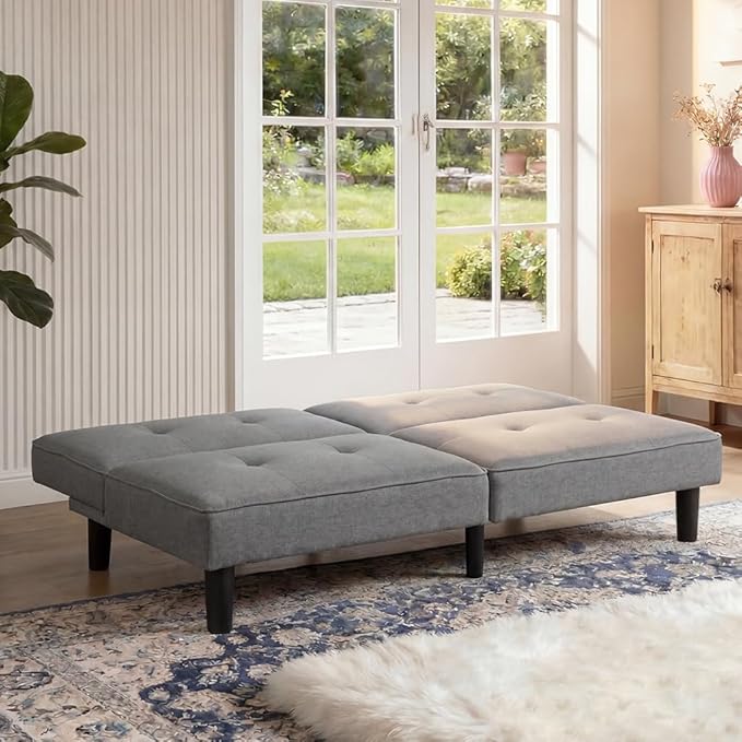 COMHOMA 67″Futon Sofa BedModern Convertible Sleeper Sofa Fabric Futon Couch with Multi-Position Backrest for Living Room Furniture (Light Grey)