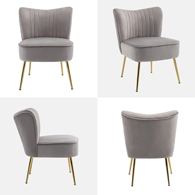 KCC Modern Velvet Upholstered Accent Chair Set of 4Mid Century Living Room Chairs with Golden LegsComfy Armless Chair Wingback Single Sofa Side Chair for BedroomLight Gray