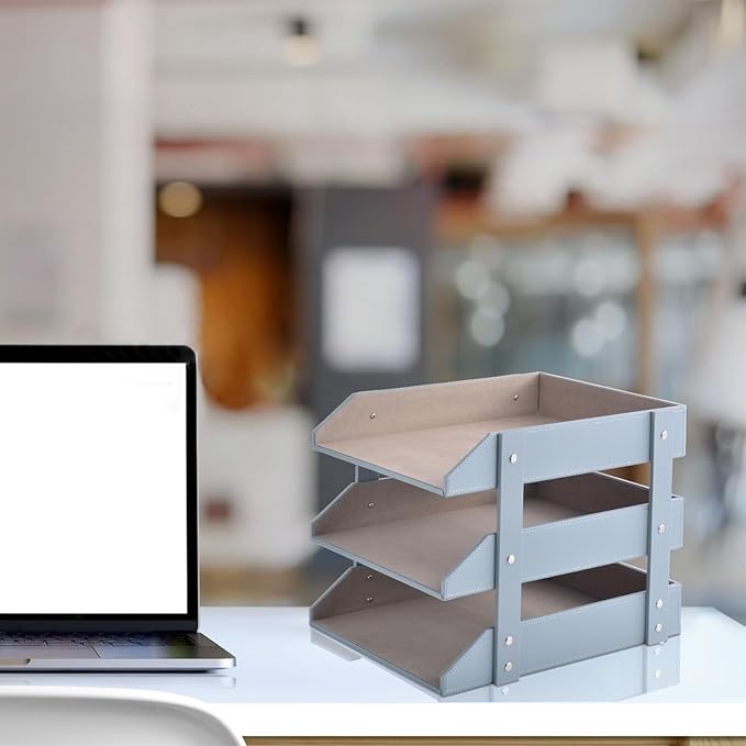 Leather Desk Organize Holder3-Layer Stackable Letter TrayUsed to Store documentsFoldersStationeryMagazinesPaperand Other Home Office SuppliesDesk File Rack (Grey)