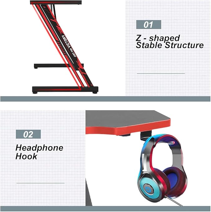 BestOffice Gmaing Desk 35.4in PC Computer Desk Z Shaped Gaming Workstation Ergonomic Gaming Table with Headphone Hook for Home Office Red
