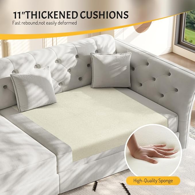 extrasleep 100'' Velvet Pull Out Sofa Bed Oversized King Sleeper Sofa with Handcrafted Floral Tufted Design 3-in-1 Convertible Sleeper Couch Tufted Deep Seat Couch for Living Room Light Grey