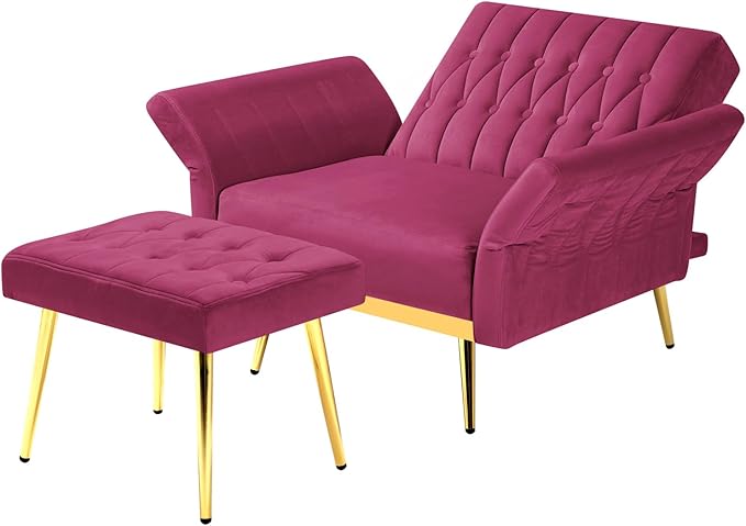 Velvet Accent Chair with Adjustable Backrest and Armrests Single Recliner Armchair with Ottoman and Golden Mental Legs for Living Room Bedroom and Waiting Room Fuchsia