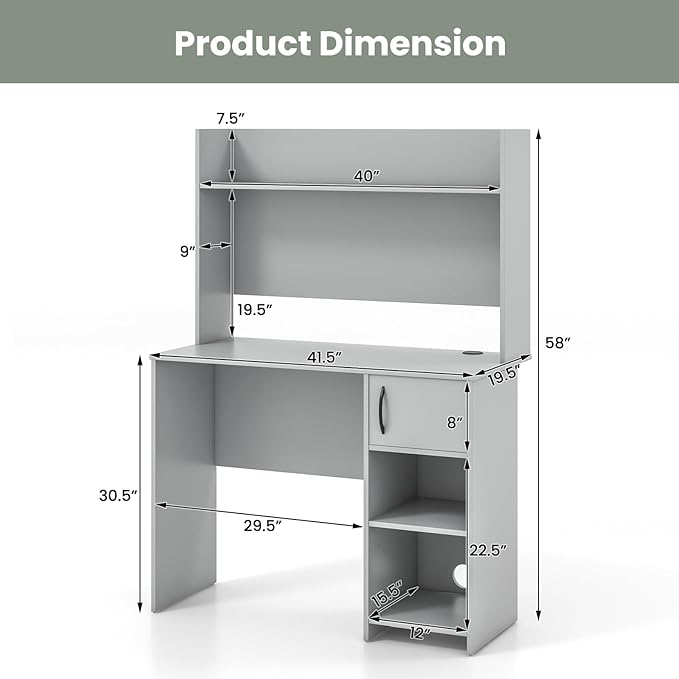 GOFLAME Computer Desk with Hutch Home Office Desk with Storage Cabinet &amp Adjustable Shelf Computer Workstation with 2 Cable Holes for Working Writing Studying Gray