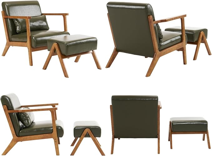 Accent Chair and Ottoman Set Mid-Century Modern Faux Leather Upholstered Lounge Armchair with Pillow Solid Wood Frame &amp Comfortable Cushion for Living Room Bedroom Balcony Green