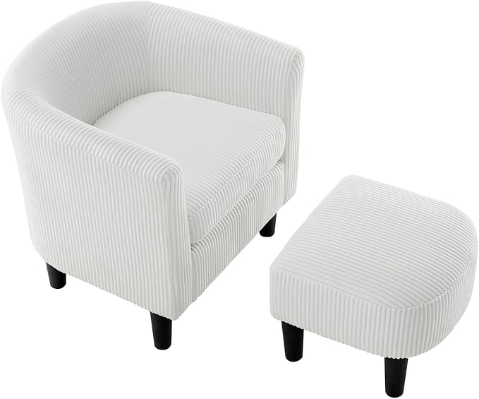 Modern Accent ChairUpholstered Arm Chair Linen Corduroy Single Sofa Chair with Ottoman Foot Rest Comfy Armchair for Living Room Bedroom and Office (White)