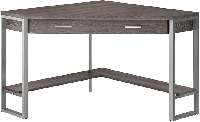Pemberly Row Corner Computer Desk 42 L x 42 D x 30 H Taupe Wood Look Finish Silver Metal Frame Drawer and Bottom Shelf Space-Saving Design for Home Office or Workstation Use