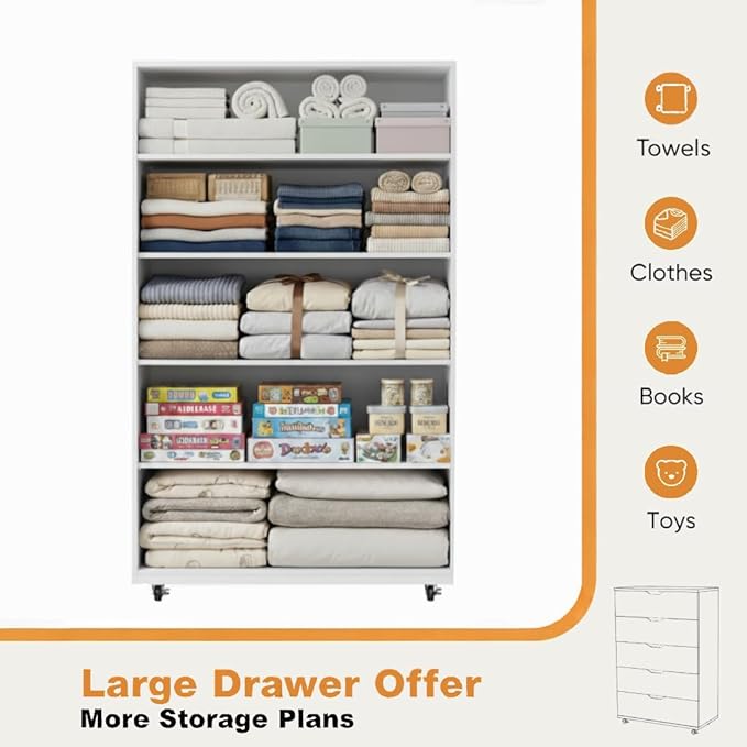 5 Drawer Wooden Storage Cabinet with Wheels Mobile Rolling File Cabinet Wood Dresser Chest for Home Office Bedroom or Living Room (White)