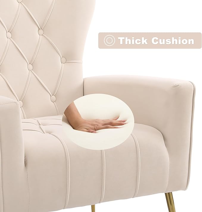 Velvet Accent Chair with OttomanUpholstered Tufted Wingback Arm Chair Modern Decorative Chairs with Gold Metal Legs for Bedroom Living Room (White1 Chair)
