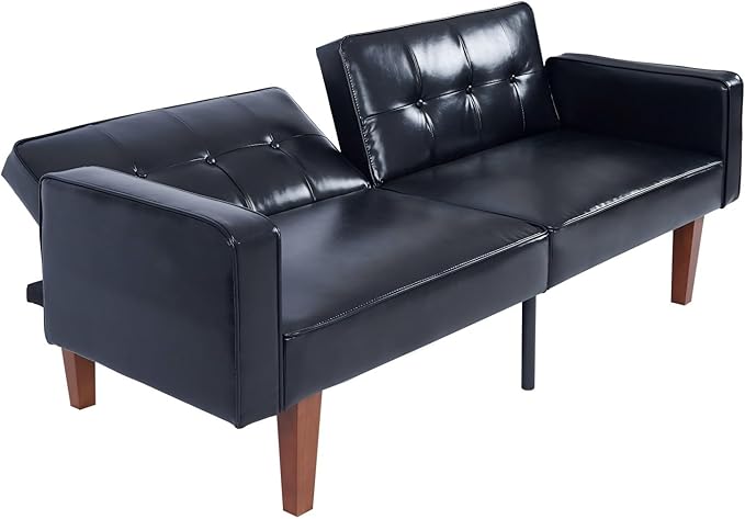 Faux Leather Adjustable Sofa Two-Seater Sofa with Wooden Legs Foldable Sofa Bed mid-Century Style Lounge Sofa Suitable for Apartments Living Room Bedroom Study Office Lounge black (black)