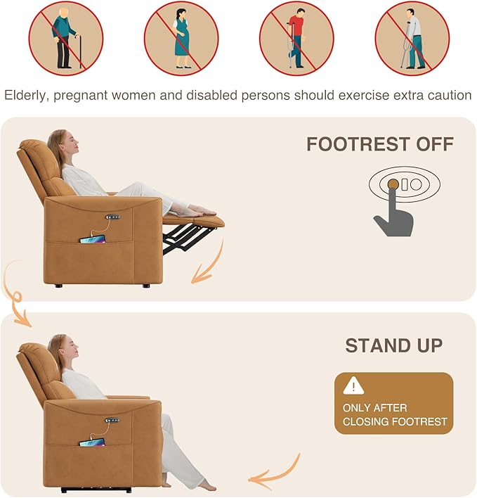 Power Recliner Chair Reclining Chair PU Leather Small Recliners for Small Spaces Infinite Position Electric Recliner Chairs for Adults Electric Recliners with USB Port &amp Side Pocket Brown