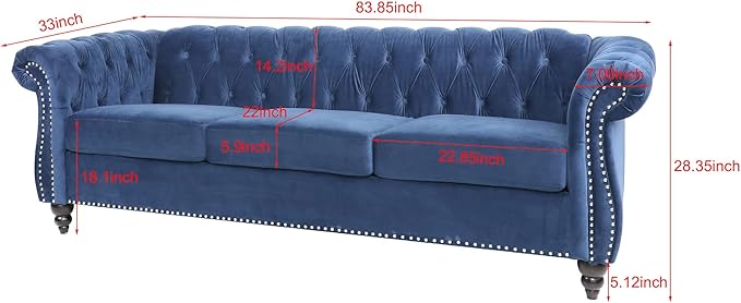 Chesterfield Sofa Modern Velvet Tufted Couch 3 Seater with Scroll Arms and Nailhead for Living Room Bedroom Office Apartment (Blue)