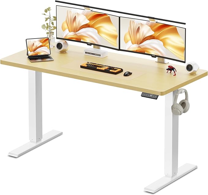 55x24 Inches Height Adjustable Electric Standing Desk with 2 Hooks for Home Office Ergonomic Sit Stand up Desk with Splice Board Oak