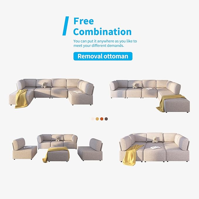 Mjkone 120'' Modular Sectional Sofa Couch U-Shaped Convertible Sofas with 2 Reversible Ottomans 6 Seat Modern Linen Fabric Sofa Couches with High Resilience Cushions for Living Room Home Beige