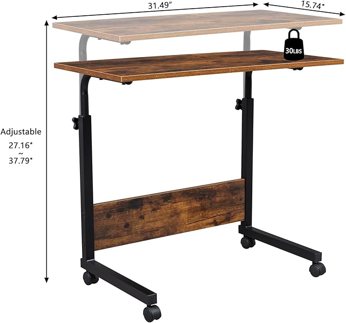 Computer Desk Adjustable Height Stand Up Desk Portable Laptop Desk Mobile Standing Desk Bedside Table Work Desk for Home Office Rolling Steel Side Table with Baffle 31.5 x 15.7Brown