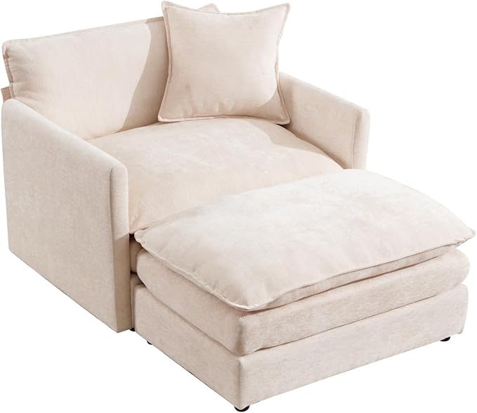 TTK Oversized Chaise Lounge Chair with Ottoman - 39.17 Wide Modern Sleeper Sofa for Living Room Bedroom &amp Office - Deep Seat Sectional Couch with Pillow Comfortable Reading Chair (Beige 39.17
