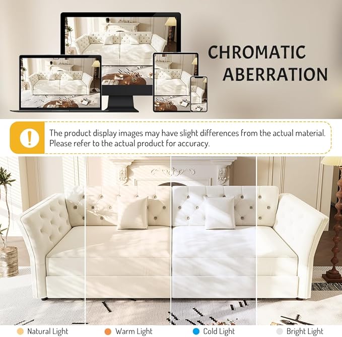 74.4'' Queen Size Sleeper Sofa Velvet Pull Out Couch with Flower-Tuffed Back Chesterfield Convertible Futon Sofa Bed 2 Pillows Deep Loveseat Couches for Living Room Small Spaces Beige