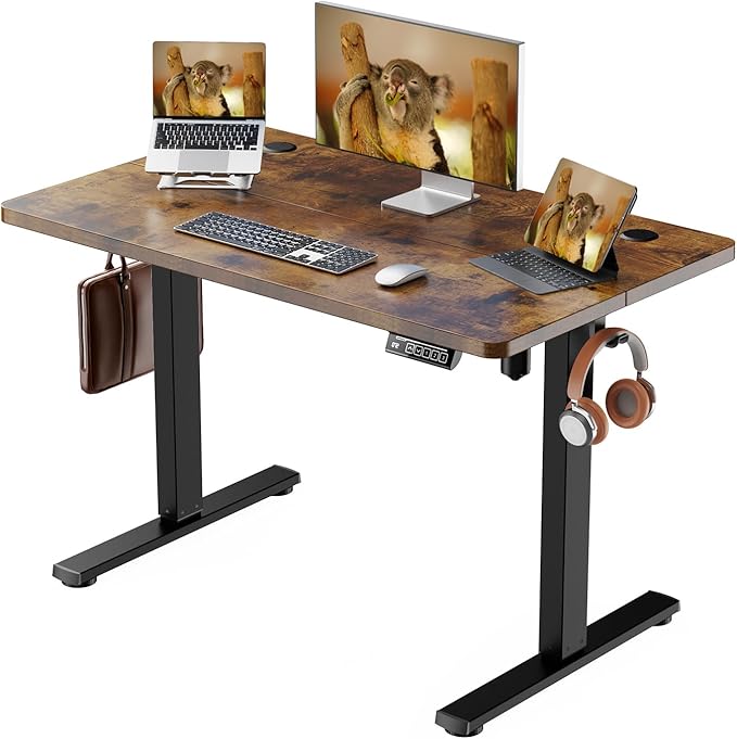 Standing Desk Electric Height Adjustable Desk 39.37 x 23.6 Inches Sit Stand up Desk Computer Home Office Desk Memory Preset with Two-Piece Desktop (Vintage Brown 40 * 24 Inch)