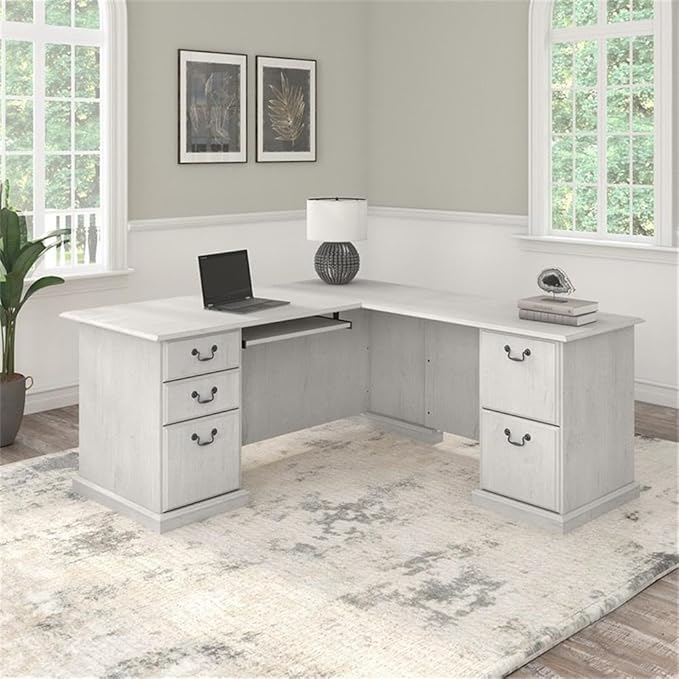 Pemberly Row L Shaped Computer Desk 66W x 72D x 30H Linen White Finish Built-in Storage with File Drawers Retractable Keyboard Tray Traditional Style Home Office Workspace