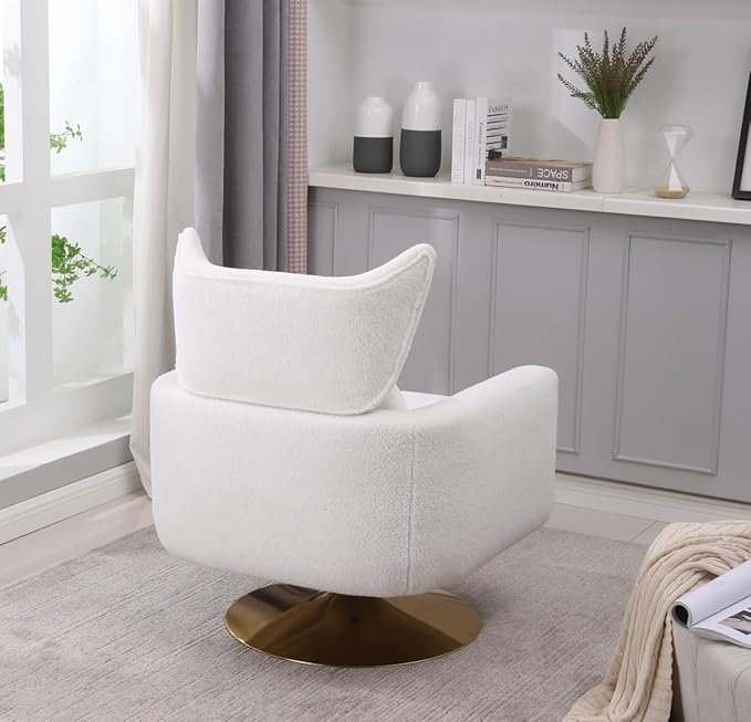 Swivel Accent Chair Armchair Classic Mid-Century 360 Degree Swivel Sofa ChairUpholstered Accent ChairTeddy Fabric Leisure Chair for Living RoomBedroom Office (White + Fabric)
