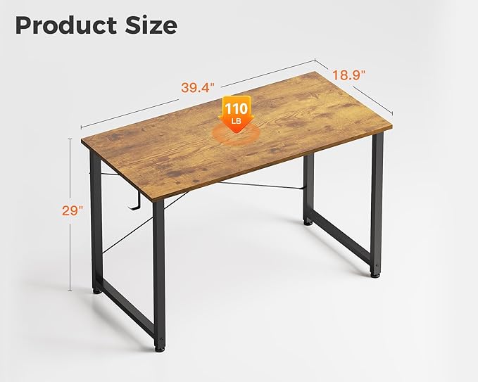 Casaottima 40 Inch Small Computer Desk for Home Office Study Writing Table for Small Spaces Simple Modern Desk with Headphone Hooks Rustic Brown