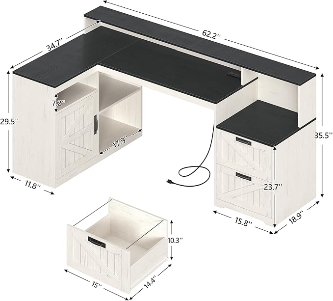TVU Farmhouse L Shaped Desk with Drawers 62.2 Home Office Desk with Storage Shelves and Power Outlet L Shaped Computer Desk with Monitor Stand and Printer Shelf Black and White