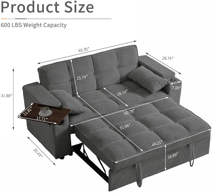 65'' Convertible Sleeper Sofa Bed with Adjustable Backrest Chaise Lounge Side Table &amp USB/Type-C Ports – Stylish &amp Functional Addition to Any Living Room (Dark Grey Sofa Bed)