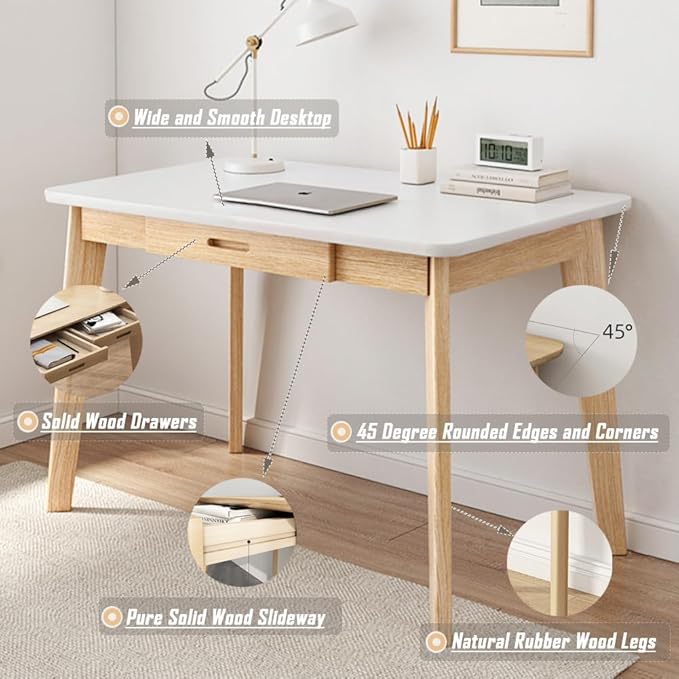 IOTXY Solid Wood Writing Desk - Home Office Workbench Desk with Drawer 31.5 Width Laptop Computer Work Study Table in White