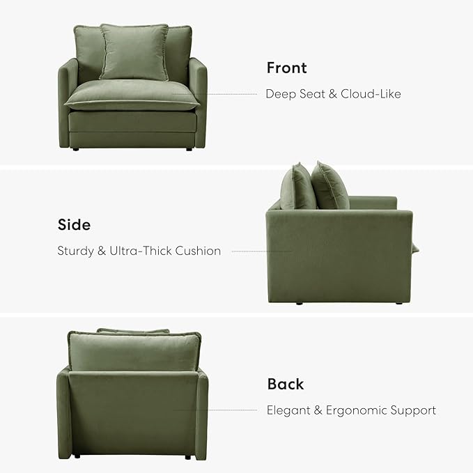 Chenille Oversized Accent Chair - 39”W Big Comfy Reading Chair Modular Cloud Chair Cozy Armchair for Living Room Bedroom Kids Room Family Room Reading Nook Sage Green