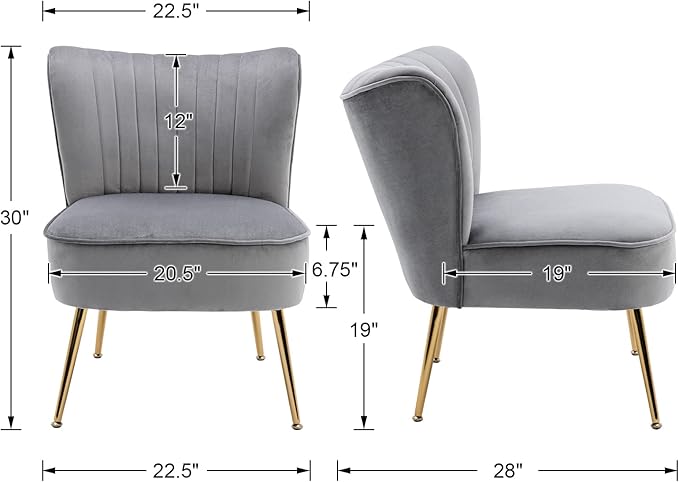 Grey Velvet Accent Chairs Set of 2 with Golden Legs Modern Upholstered Slipper Chairs Comfy Armless Wingback Side Chairs Corner Chair for Bedroom/Dining Room/Living Room/Office