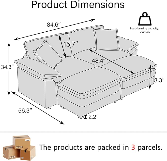 84.6” Corduroy Loveseat with Ottoman Oversized Double Chaise Lounge Chair Indoor Deep Seat Two Seater Couch Cloud Couch Modular Sectional Sofa for Living Room(Corduroy Yellow)