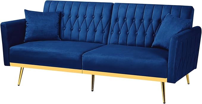 70” Velvet Futon Sofa Bed w/Adjustable Armrests and Backrest Convertible Futon Couch w/2 Pillows Modern Sleeper Bed for Living Room Bedroom Blue