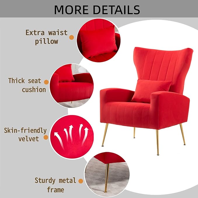 X-VOLSPORT Velvet Accent Chair Mid Century Modern Wing Back Living Room Chair with Waist Pillow Upholstered Arm Chair with Metal Gold Legs for Bedroom Club Rose Red