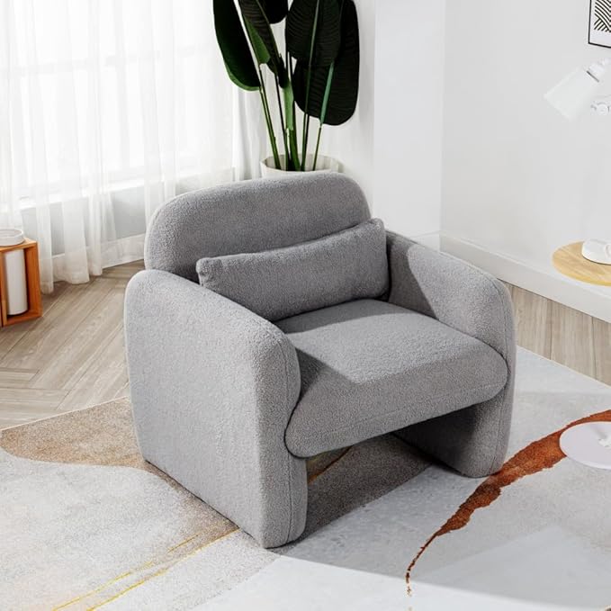 Stylish and Minimalist Teddy Fleece Single Sofa Chair with Arms and Pillow Armchair Accent Chair for Living Room Bedroom StudyGrey (Gray + Teddy)