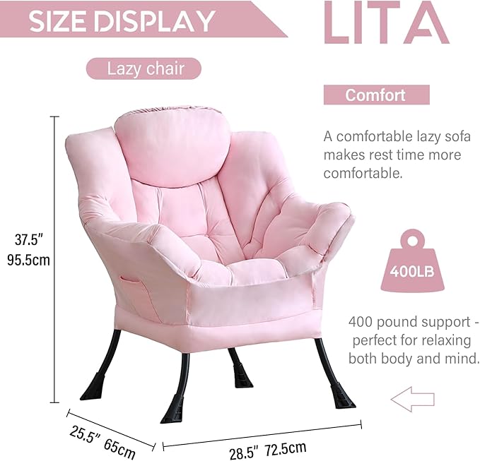 LITA Lazy Chair with Armrests and Side Pocket Modern Upholstered Accent Reading Chair for Living Room Bedroom Dorm Small Spaces Single Pink