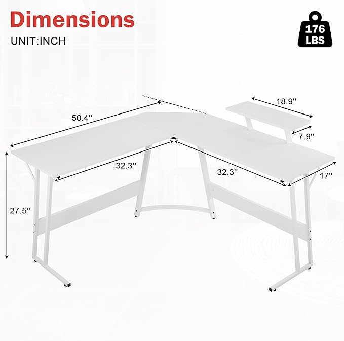 Bigacc L Shaped Gaming Desk 50 Corner Desk Spacious Dual Tops P2 Particleboard Metal Z-Legs Adjustable Non-Slip Pads Scratch/Waterproof Multi-Use Home Office/Game Room/Dorm