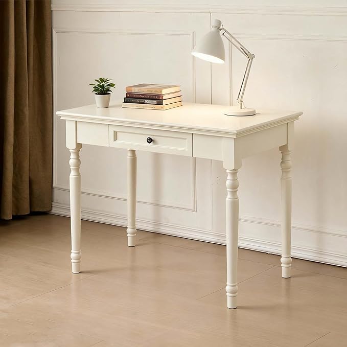 35” White Solid Wood Writing Desk with Drawers Farmhouse Computer Desk with File Storage Ideal for Home Office Bedroom or Study Room