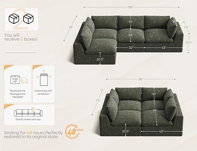 120 Cloud Sectional Couch | Oversize Boneless Couches for Living Room | 4 Seater Modern L-Shape Sofa | Green