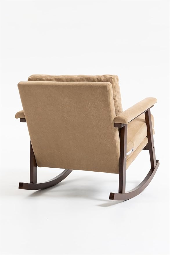 ZeHuoGe Mid Century Modern Accent Chair Rocking Chair with Wood Frame Upholstered Living Room Chairs Reading Armchair for Bedroom Sunroom (Khaki)