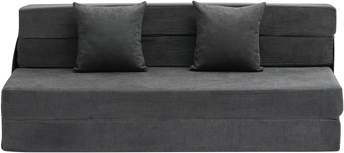 VEVOR Folding Sofa Bed 3-in-1 Foldable Couch Bed with 2 Pillows and Washable Cover 25D High Density Memory Foam Convertible Sleeper Chair Bed Futon Couch for Living Room Bedroom Dark Grey(Queen)