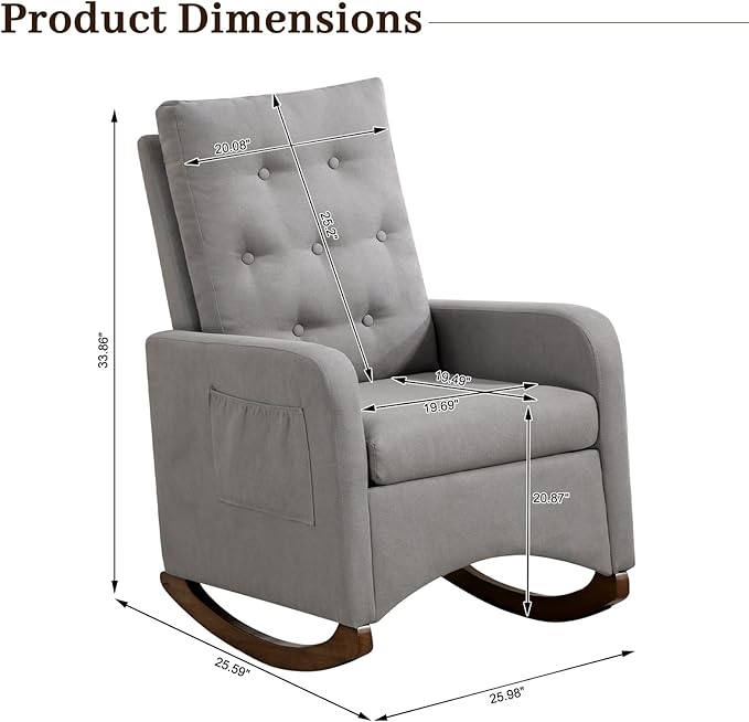 GarveeHome Upholstered Rocking Chair Accent Chair Nursery Rocking Chairs in Teddy Fabric with High Backrest Side Pocket and Rubber Wood Legs Comfy Nursing Chair for Living Room Gray (Gray)