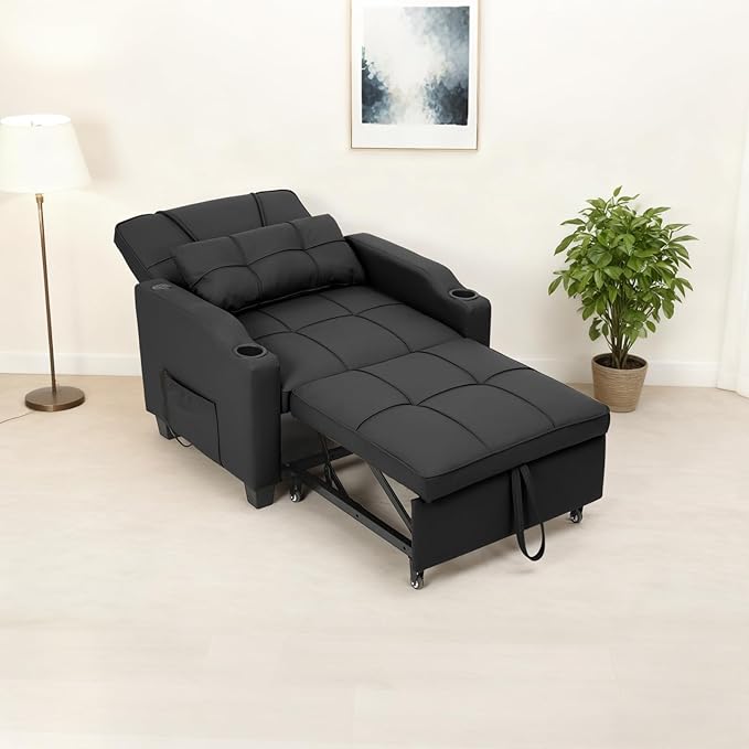 Convertible Sleeper Chair Pull Out Bed Single Sofa Recliner with Vibration Massage Lumbar Pillow USB/Type-c Ports Cup Holders &amp Side Pocket