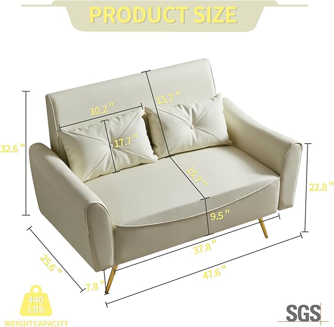 Brelice 48 Faux Leather Loveseat Sofa Modern Small Couch for Small Space with 2 Pillows 2 Seater Couch for Living Room Bedroom Office Apartment (Beige)