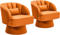 Garvee Ultra-Plush Swivel Accent Chair 360° Barrel Lounge Chair with Cloud-Like Padding &amp Modern Striped Backrest Velvet Upholstered Round Armchair for Living (2 Orange-Velvet)