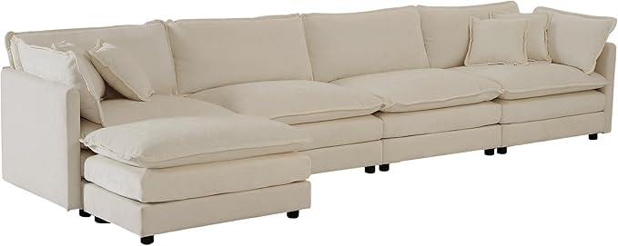 WILLIAMSPACE 146.5 Sectional Sofa Couch for Living Room Modern Upholstered Oversized L-Shaped Sofa with Ottoman &amp Toss Pillows Modular 5 Seat Sofa Furniture for Apartment Chenille Fabric (Beig
