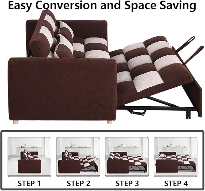 Convertible Sofa Bed - 53.5'' Loveseat Sleeper Sofa3-in-1 Teddy Velvet Pull-Out Bed with Adjustable BackrestMulti-Functional Lounge Chair for Living RoomSmall Space(Brown + Beige)