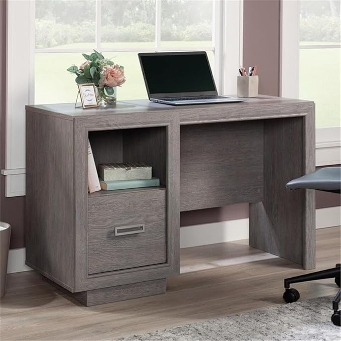 Pemberly Row Contemporary Engineered Wood Desk Ashen Oak Finish 47 in Wide with File Drawer Open Shelf Cord Management System Modern Home Office or Workspace Furniture
