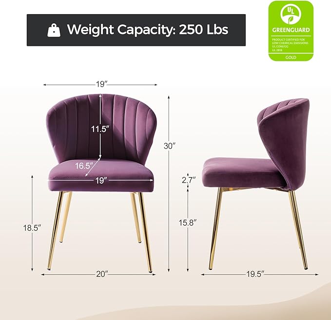 HULALA HOME Dining Chairs Set of 2 Velvet Upholstered Kitchen &amp Dining Room Chairs With Metal Legs Vanity Chair Armless Side Chairs for Living Room Bedroom Makeup Room Channel Curved Backrest Pu